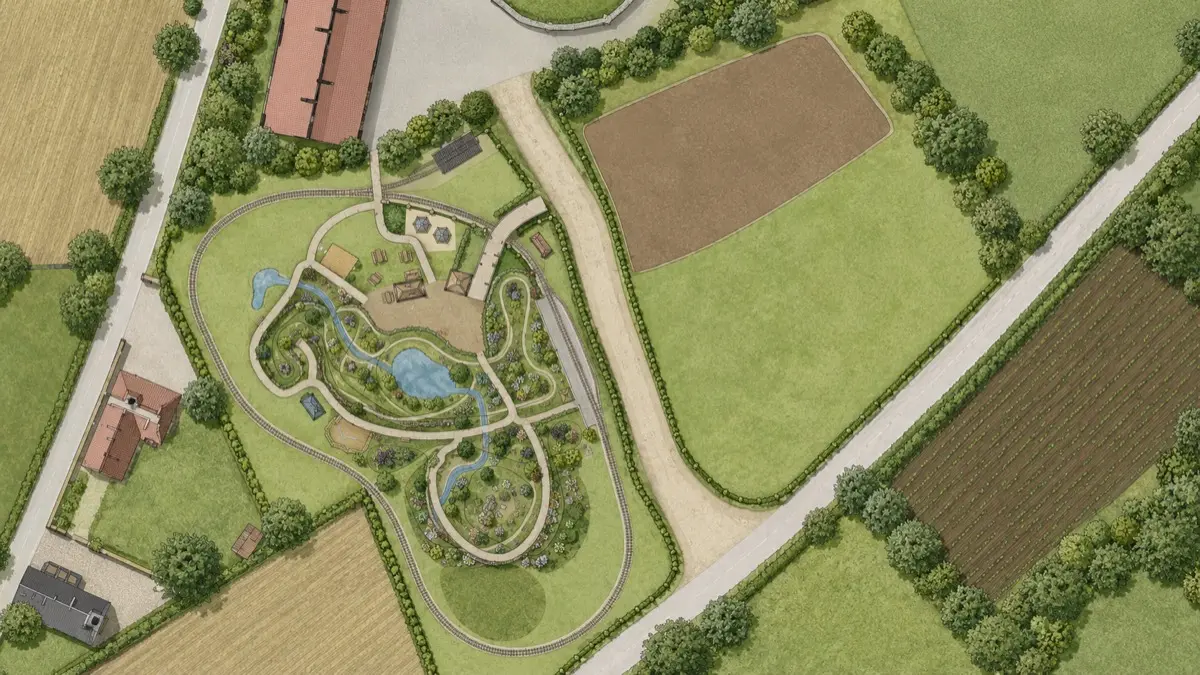 A concept plan illustration of the Jersey Model Village, showing a garden railway looping through landscaped grounds with a pond and pathways