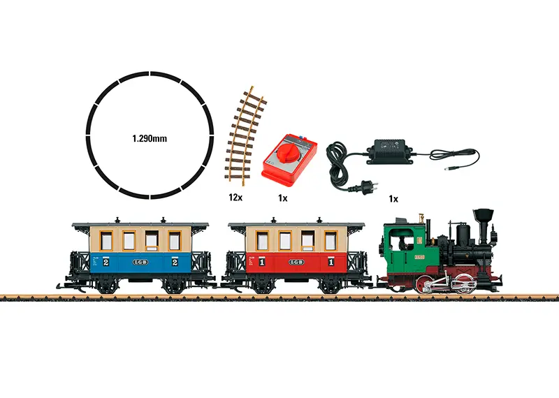 An LGB starter set locomotive with passenger carriages