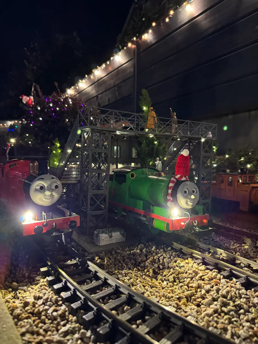 Thomas and Percy decorated for Christmas under fairy lights on the line