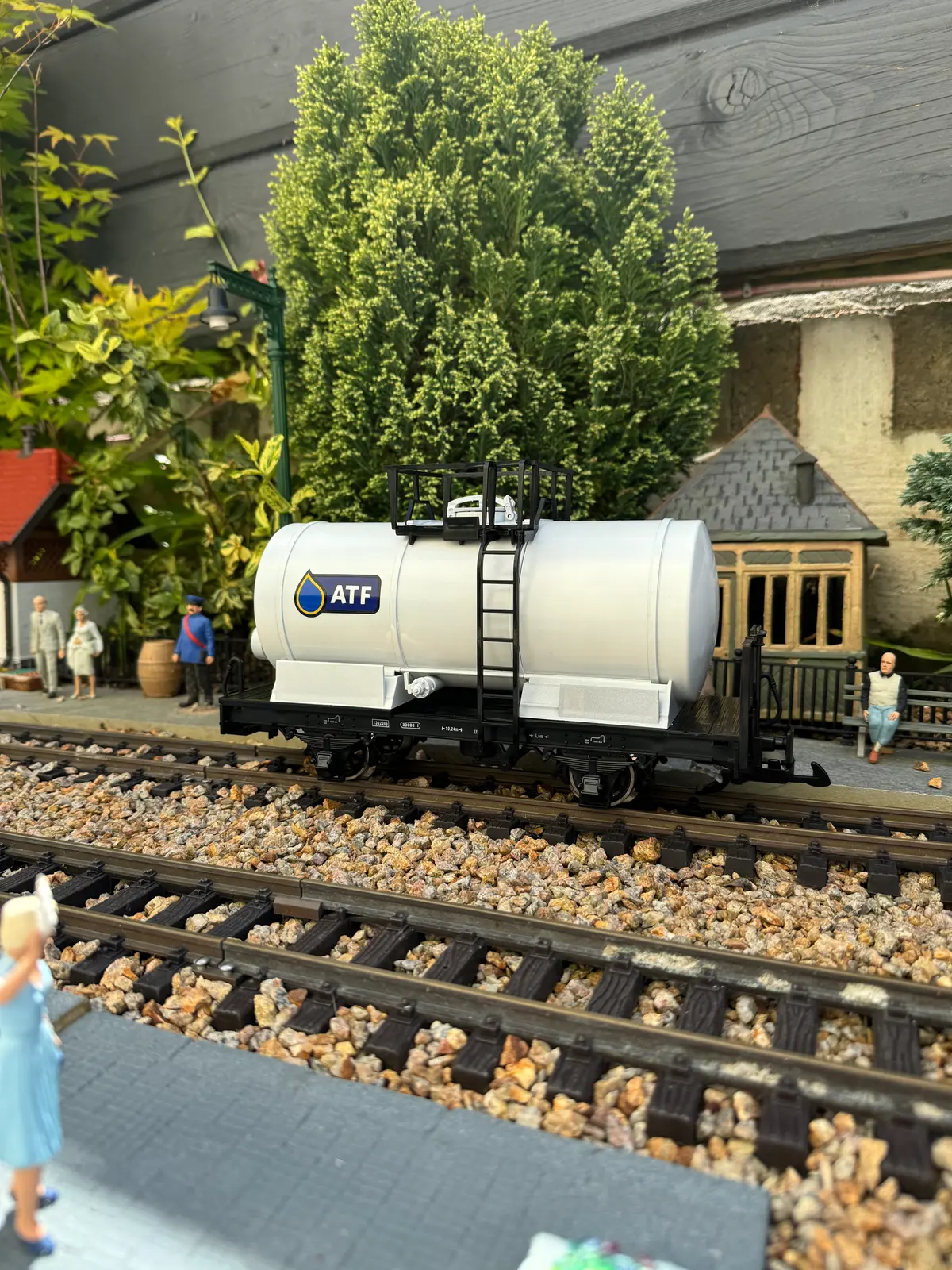 A garden railway wagon liveried for ATF Fuels, a sponsoring business