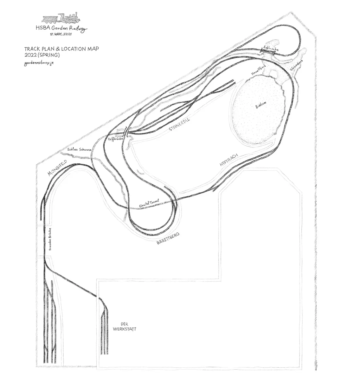 Hand-drawn track plan and location map of the layout, 2022